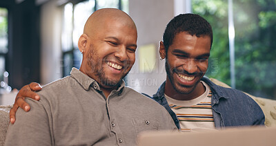 Buy stock photo Home, gay couple or men with laptop, movie or smile for laughing at funny joke in lounge. Comedy humor, lgbtq or happy people on technology together in house with queer partner for streaming film