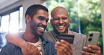 Credit card, smile and gay couple with phone for social media, website subscription or mobile app. Lgbtq, queer love and happy men on smartphone for online shopping, internet purchase or home banking