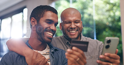Buy stock photo Credit card, smile and gay couple with phone for online shopping, website subscription or mobile app. Lgbtq, queer love and happy men on smartphone for ecommerce, internet purchase or home banking