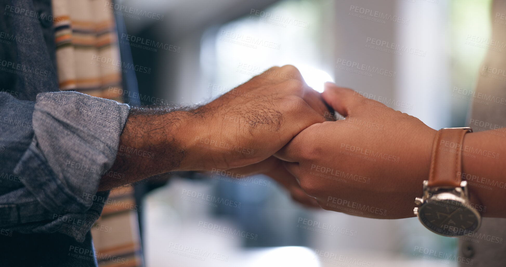 Buy stock photo Closeup, holding hands and couple with love, people and date with romantic support or marriage. Person, gratitude and relationship with trust, hope and relax with empathy, home and respect or care