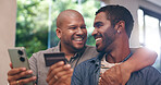 Credit card, smile and gay couple with smartphone for social media, website subscription or mobile app. Lgbtq, queer love and happy men on phone for online shopping, internet purchase or home banking
