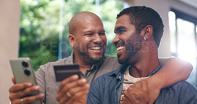 Buy stock photo Credit card, smile and gay couple with smartphone for social media, website subscription or mobile app. Lgbtq, queer love and happy men on phone for online shopping, internet purchase or home banking
