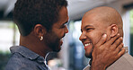 Gay couple, happy and smile in house for love and flirting in living room. Dating, touch and LGBTQ partner with intimate conversation, trust and relax together for weekend or vacation romance