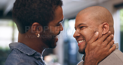 Buy stock photo Gay couple, happy and smile in house for love, flirting and relationship in living room or lounge. Dating, touch and LGBTQ partner with commitment, trust and relax together for weekend and romance