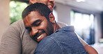 House, hug and gay couple with care, smile and happy with relationship and romance or support. Trust, apartment and queer people with lgbtq, embrace and marriage for commitment or emotion with love