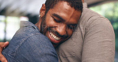 Buy stock photo Home, hug and gay couple with care, smile and happy with relationship and romance or support. Trust, apartment and queer people with lgbtq, embrace and marriage for commitment or emotion with love