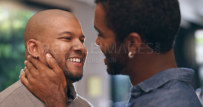 Buy stock photo Gay couple, romance and smile in house for love and happy flirting in living room. Dating, touch and LGBTQ partner with intimate conversation, trust and relax together for weekend or vacation