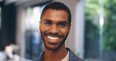 Buy stock photo Man, happiness and portrait with confidence, good mood or positive mindset with pride in home. Smile, wellness and face of male person for calm, peace and joy with space, break or satisfied in house