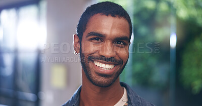 Buy stock photo Man, smile and portrait with confidence, good mood or positive mindset with pride in home. Happiness, wellness and face of male person for calm, peace and joy with space, break or satisfied in house