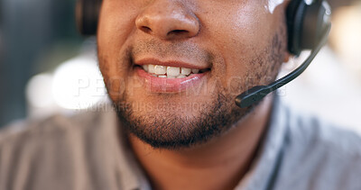 Buy stock photo Mouth, mic and closeup with man at call center for contact us, telemarketing or telecom agency. Advice, FAQ and person with headset for communication, customer support help desk or virtual assistance