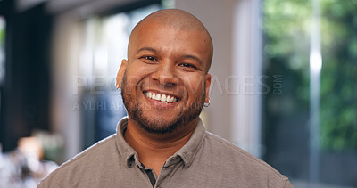 Buy stock photo Man, smile and portrait with confidence, positive mindset or good mood with pride in home. Happiness, wellness and face of male person for calm, peace and joy with space, break or satisfied in house
