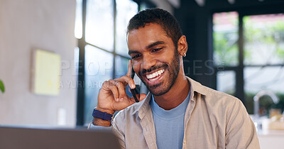 Buy stock photo Phone call, laptop and laughing with man in kitchen for research, client feedback or communication. Review, African freelancer and networking with person at home for discussion, consulting or online