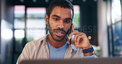 Buy stock photo Phone call, laptop and contact with black man in kitchen for research, client feedback or communication. Review, freelancer and networking with person at home for discussion, consulting or online