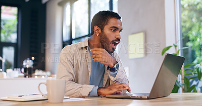 Buy stock photo Freelancer, man and surprised with laptop in home for startup funding approval, good news and article feedback. Remote work, journalist and shocked with technology for story recognition and reward