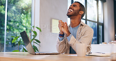 Buy stock photo Freelancer, man and celebration with laptop in home for publication approval, good news or article feedback. Remote work, journalist and excited with editor email for story recognition or achievement