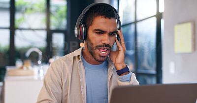 Buy stock photo Music, headphones and laptop with black man in home for streaming playlist, audio editing software and track mixing. Subscription, songs and entertainment with person in apartment for dj recording