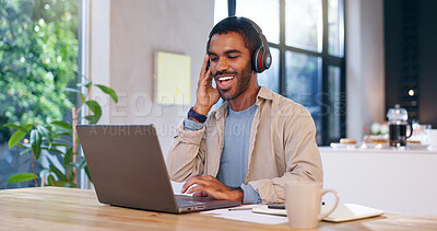 Buy stock photo Remote work, happy man and laptop in home with headphones, productivity or positive feedback for article. Creative writer, music or smile at tech with good mood, new opportunity or streaming playlist
