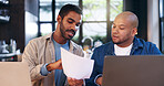 Business, men and talk with document in office for budget planning, financial report and staff training. People, explain and online with finance paperwork, help and feedback for investment proposal
