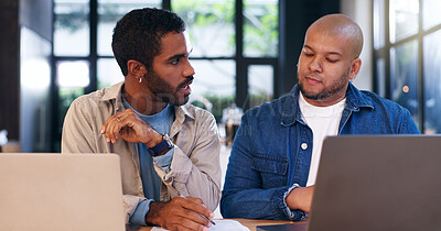 Buy stock photo Business, men and meeting with laptop in office for budget planning, financial report and team training. People, explain and online for research advice, accounting website and feedback of investment