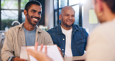 Buy stock photo Smile, men and lawyer with document in office for planning, finance report and legal advice. People, attorney and consultation with paperwork for settlement, banking contract and financial agreement