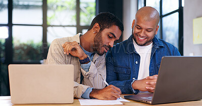 Buy stock photo Business, men and writing notes with laptop for budget planning, financial report and information. People, documents and online for finance research, accounting tips and feedback for investment offer