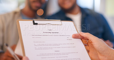 Buy stock photo Hands, lawyer and document for consultation with men for deal, partnership agreement and legal process. People, paperwork and collaboration form for information, compliance and teamwork for B2B offer