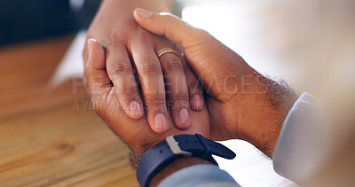 Buy stock photo Comfort, hands and support with couple in home together for empathy, love or understanding closeup. Anxiety, mourning and trust with people in apartment for sympathy of grieving, loss or pain