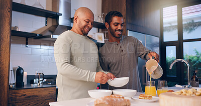 Buy stock photo Preparing, breakfast and gay couple with food, kitchen and cereal with protein in house, wellness and smile. Home, healthy diet and people with meal in morning, juice and ingredients for recipe