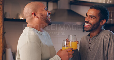 Buy stock photo House, gay couple or men with juice, love or romantic relationship for bonding in kitchen. Laughing, lgbt pride or happy people drinking beverage together in home lounge with queer partner or smile