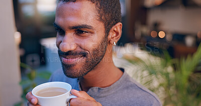 Buy stock photo Man, thinking and coffee in home with relax, morning routine and favorite beverage. Male person, drinking caffeine and smile in living room with reflection, wellness and break on weekend in apartment