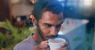 Buy stock photo Man, thinking and drinking coffee in home with relax, morning routine and favorite beverage. Male person, caffeine and smile in living room with reflection, wellness and break on weekend in apartment