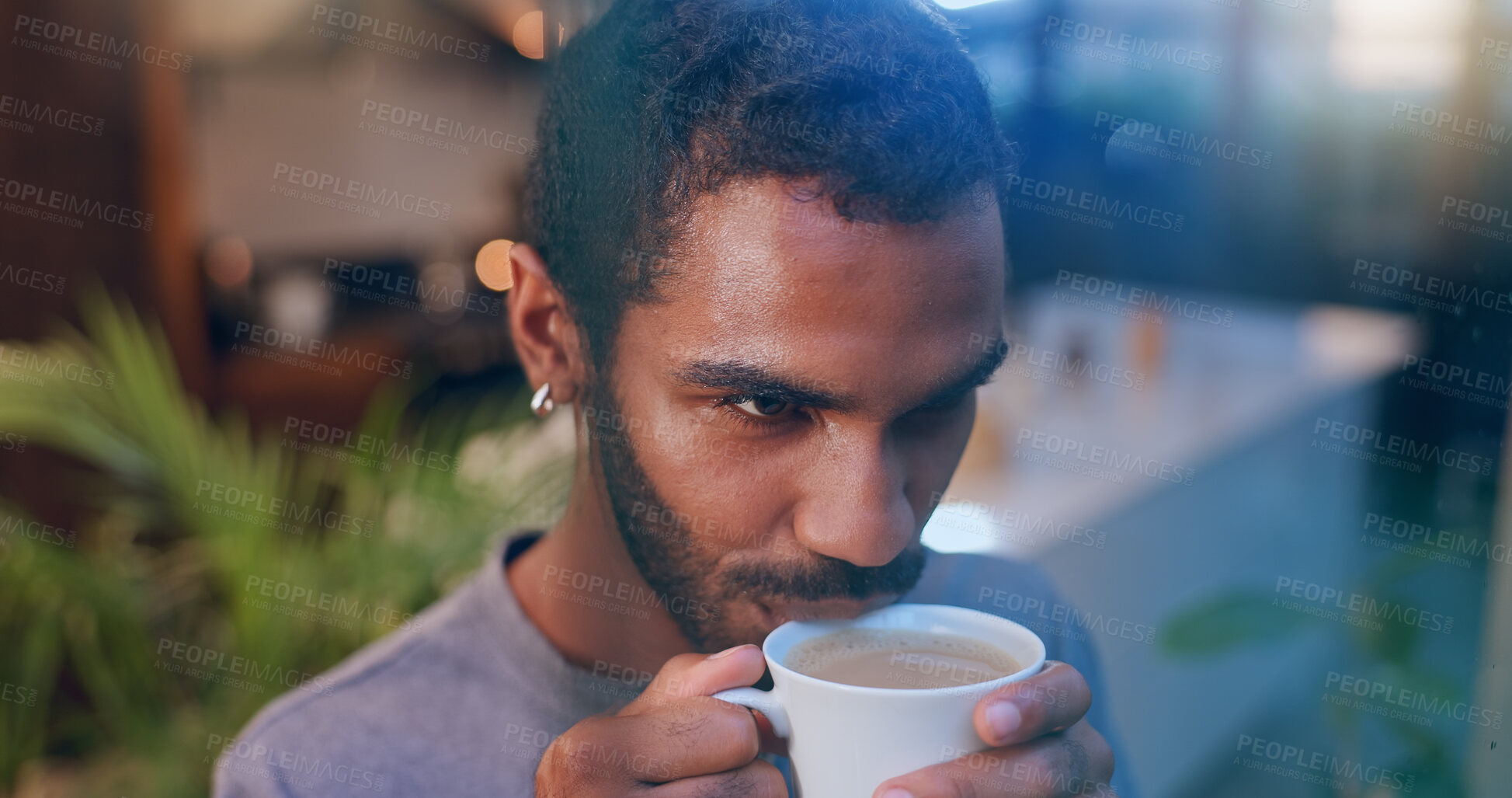 Buy stock photo Man, thinking and drinking coffee in home with relax, morning routine and favorite beverage. Male person, caffeine and smile in living room with reflection, wellness and break on weekend in apartment