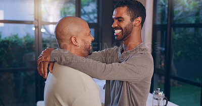 Buy stock photo Home, hug and gay couple with dance, smile and happy with relationship and romance or support. Trust, apartment and queer people with lgbtq, embrace and marriage for commitment or emotion with love