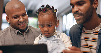 Buy stock photo Gay family, girl and men with tablet, home and conversation with adoption, social media and online interview. Parents, fathers or daughter with tech, watch video and digital app with education games