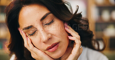 Buy stock photo Woman, face or headache pain in home for temple massage on sofa with burnout and loan stress. Loss, debt or dizzy female person with depression, migraine or crisis with fatigue in lounge on couch