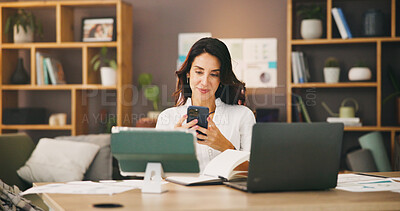 Buy stock photo Typing, phone and remote worker with woman in home office for research, communication and reading. Freelancer, online review and networking with person in living room for entrepreneur feedback