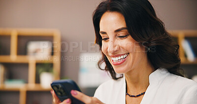 Buy stock photo Texting, phone or happy woman in home laughing at comedy video on social media app for humor. Relax, message or female person with smile, notification or silly meme joke for mobile entertainment 