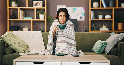 Buy stock photo Blanket, sick woman and rest with coffee for virus recovery, cold weather and ginger treatment. Female person, relax and honey tea for illness, herbal drink and health benefits for healing at house