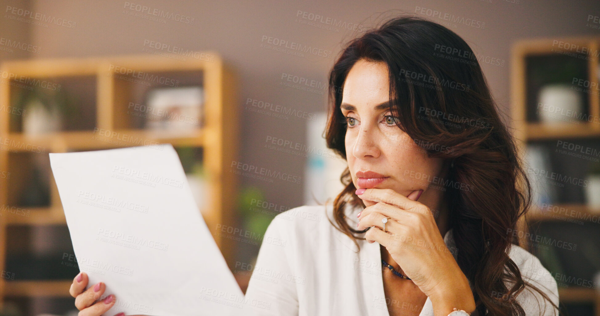 Buy stock photo Thinking, documents and remote worker with woman in home office for research, planning or reading. Freelancer, paperwork review and copywriting with person in living room for entrepreneur feedback