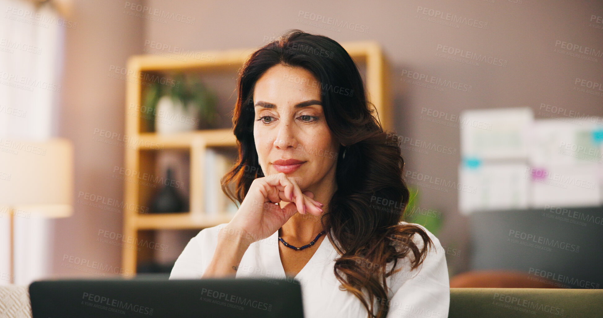 Buy stock photo Coffee, laptop and remote worker with woman in home office for research, planning and reading. Freelancer, online review and copywriting with person in living room for entrepreneur and feedback