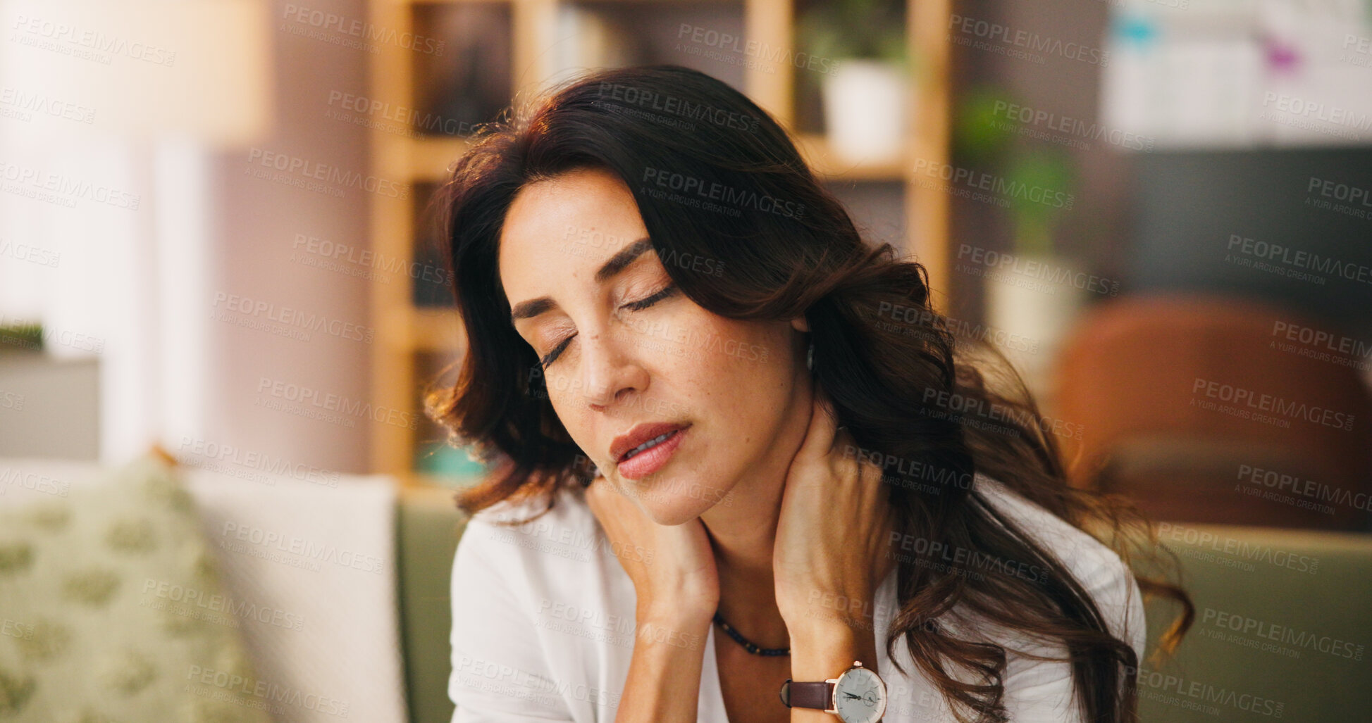Buy stock photo Stress, sofa and woman in home with neck pain, injury or muscle tension in living room. Hurt, cramp and female person relaxing in lounge with inflammation, sprain or discomfort with ache in apartment