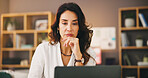 Thinking, laptop and remote worker with woman in home office for research, reflection and reading. Freelancer, online review and copywriting with person in living room for entrepreneur feedback