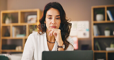 Buy stock photo Thinking, laptop and remote work with woman in home office for research, reflection and reading. Freelancer, online review and copywriting with mature person in living room for entrepreneur feedback