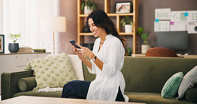 Buy stock photo Funny, phone or happy woman on couch laughing at comedy video on social media app for humor. Relax, house or female person on sofa with smile, notification or silly meme joke for mobile entertainment