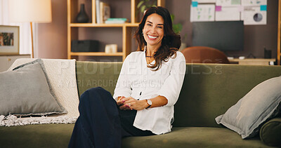 Buy stock photo Portrait, business and woman on sofa, smile and confidence with career ambition, creative decor and relax. Home office, mature person and entrepreneur on couch, professional and interior designer