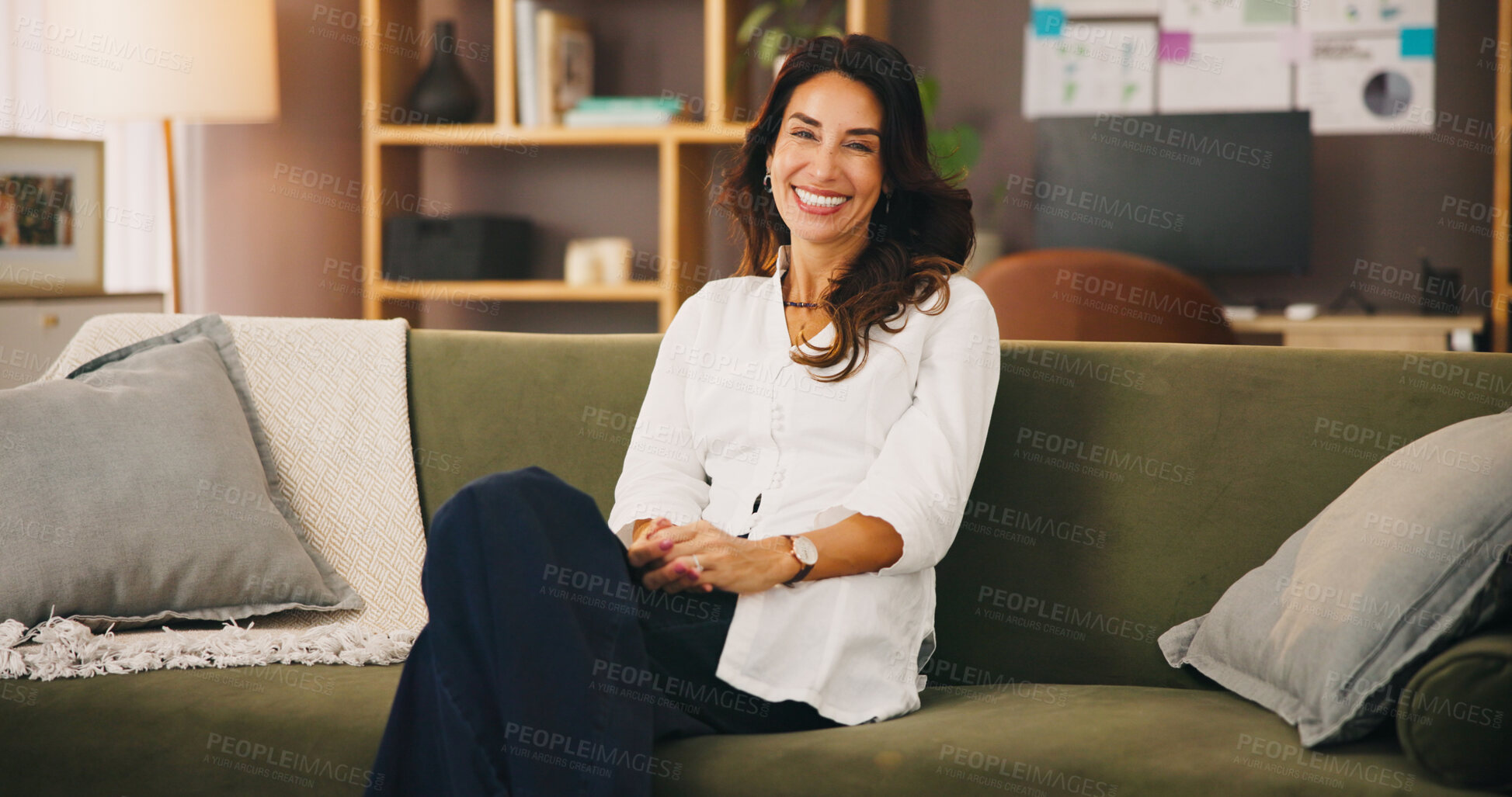 Buy stock photo Portrait, business and woman on sofa, smile and confidence with career ambition, creative decor and relax. Home office, mature person and entrepreneur on couch, professional and interior designer