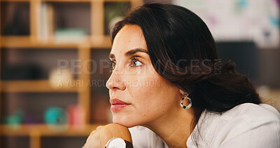 Buy stock photo Woman, thinking and relax in home with memory, creative planning and interior design ideas on weekend. Mature person, real estate and daydream in lounge for redecorating, reflection and decision