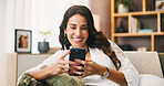 Message, phone or happy woman in home laughing at comedy or chat on social media app for humor. Relax, texting or female person with smile, notification or funny meme joke for mobile entertainment 