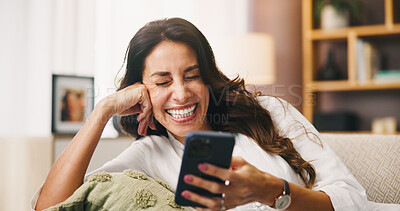 Buy stock photo Funny, phone or happy woman in home laughing at comedy video on social media app for humor. Relax, comfortable or mature person with smile, notification or silly meme joke for mobile entertainment