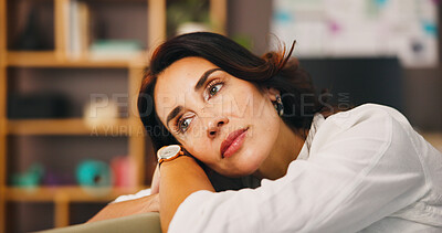 Buy stock photo Woman, thinking and relax in sofa with memory, nostalgia and daydreaming with calm in home. Mature person, rest and comfort in living room with reflection, decision making and remember past on couch